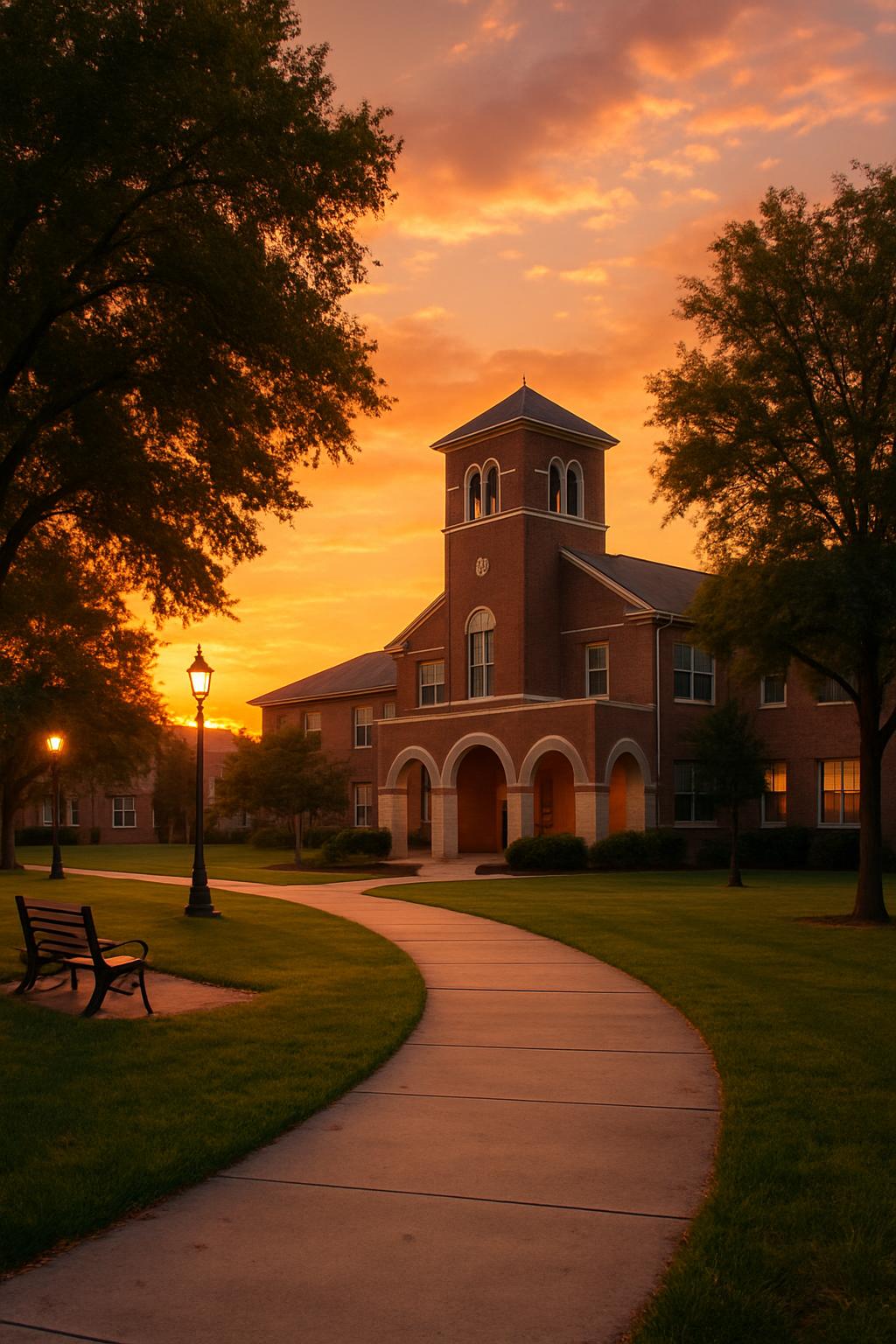 A large red-bricked building in the distance, leading to an open doorway, with a walkway and bench positioned to the left;...